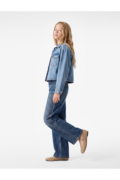 Koton Cotton Loose-Fit Stone Detailed Wide-Leg Denim Trousers