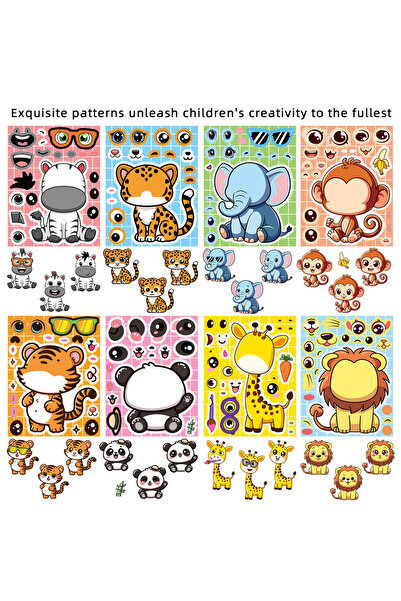 Choice 8 Sheets Pack 8 Sheets Cartoon Animal Stickers Make a Face Cartoon Dec...