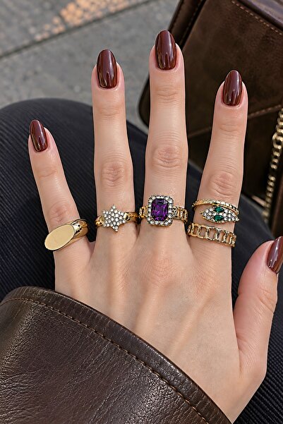 KİRAZ ÇİÇEĞİ JEWELRY Y2K Tarzı 5li Gold Yüzük Seti