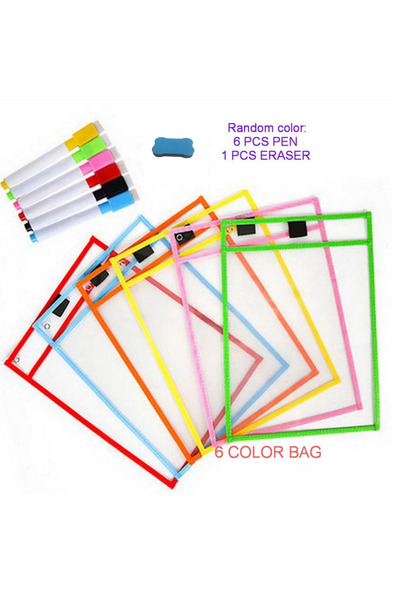 Choice 6pcs 6-Color Reusable Dry Erase File Bags with Writing Practice Wipeab...