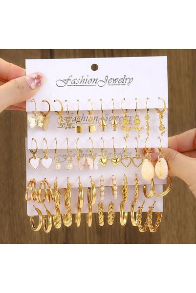 Choice golden 24pairs/set Fashionable Faux Pearl Decor Twist Design Hoop Earr...