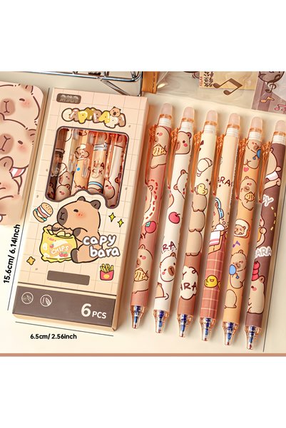 Choice Orange 6pcs Cute Capybara Erasable Gel Pens | 0.5mm Retractable Blue I...