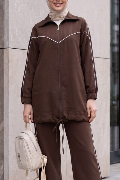Modamorfo Striped Skirt, Lace-Up Trousers, Pocketed Zipper Suit - Brown
