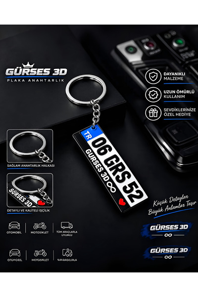 Gürses 3D Kişiye Özel Kabartmalı Plaka Anahtarlık - İsme & Plakaya Özel Çift Taraflı Tasarım