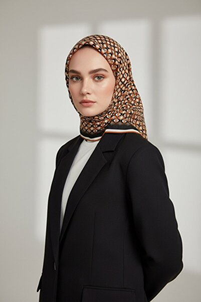 VİOLLA Twill Çıtır Desenli Taba Renkli 90x90 Eşarp (İpek İçermez) Kenar Dikiş...