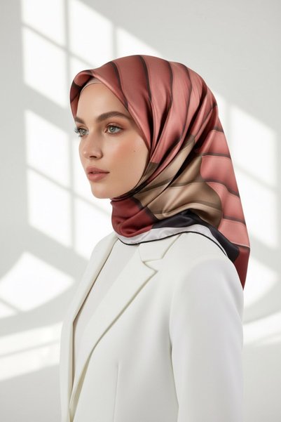 VİOLLA Rayon Zikzak Çizgi Desenli Gül Kurusu Renkli 90x90 Eşarp (İpek İçermez...
