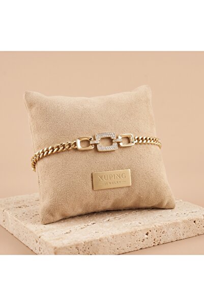 XUPING JEWELRY Vıp Seri 316L Çelik Gold Renk Merkez Taşlı Geometrik Geçme Det...