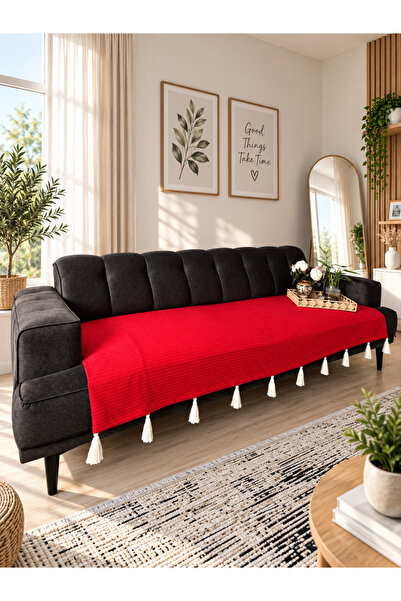Doğa Püsküllü Şal Model Koltuk Örtüsü Kırmızı 230x100 | %100 Pamuk Örme, Kaym...