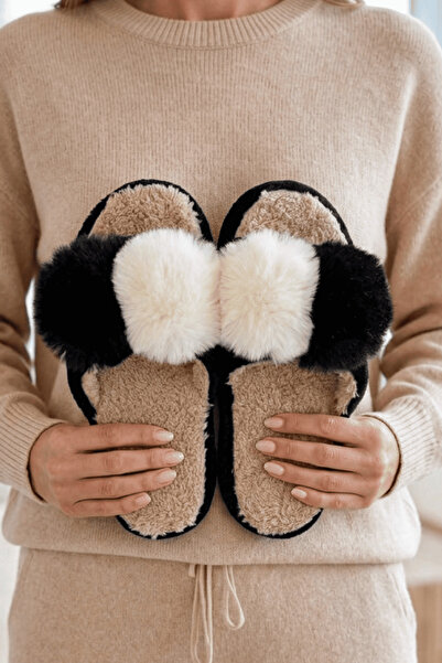 Beyond Women's Black Open-Front Double Pompom Detailed Plush Winter House Sli...