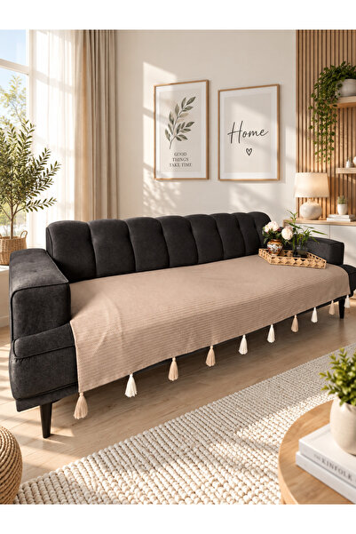 Doğa Püsküllü Şal Model Koltuk Örtüsü Açık Kahve 230x100 | %100 Pamuk Örme, K...