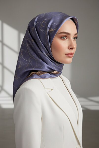 VİOLLA Twill Barok Çerçeveli Mermer Desenli İndigo Renkli 90x90 Eşarp (İpek İ...