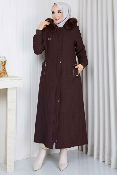 Hamra butik Kürklü Kapüşonlu Kapitone Mont 1007-Kahve