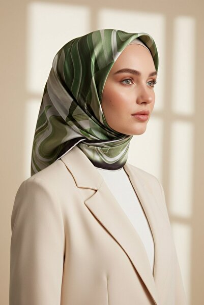 VİOLLA Twill Soyut Dalga Desenli Zümrüt Yeşili Renkli 90x90 Eşarp (İpek İçerm...