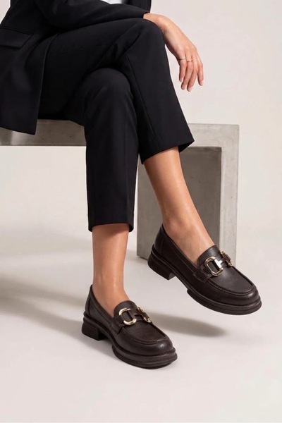 guijarro Thick Soled Brown Leather H Buckle Women's Loafer Shoes Lightweight ...