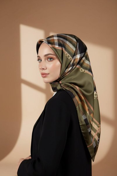 VİOLLA Twill Kemerli ve Ekose Desenli Haki Yeşili Renkli 90x90 Eşarp (İpek İç...