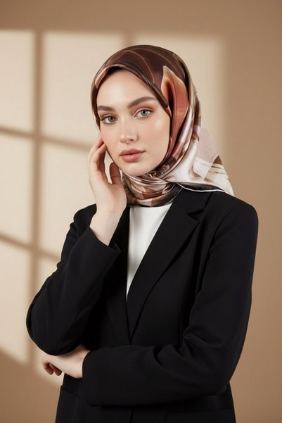 VİOLLA Twill Soyut Dalga Desenli Hardal Renkli 90x90 Eşarp (İpek İçermez) Dik...