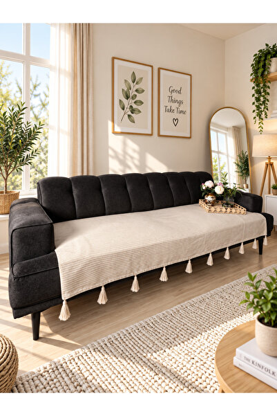 Genel Markalar Püsküllü Şal Model Koltuk Örtüsü Bej 230x100 | %100 Pamuk Örme...