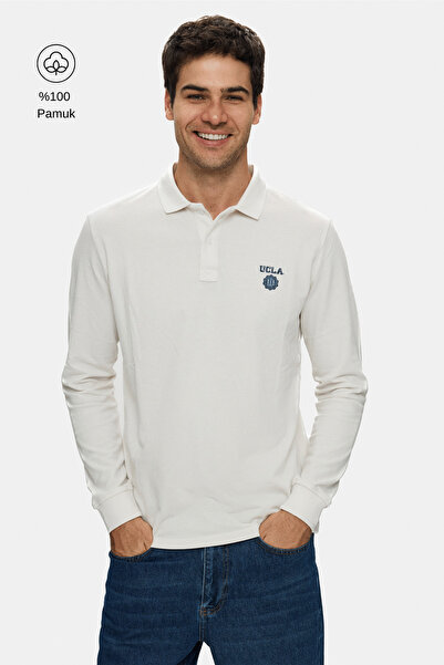 UCLA MAXWELL Bej Polo Yaka Baskılı Standard Fit Erkek Sweatshirt