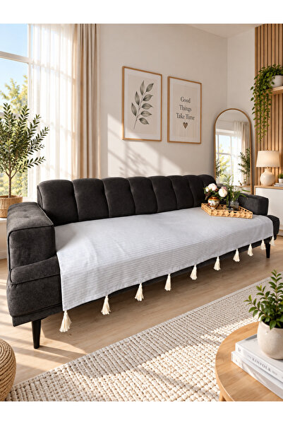 Koltuk Örtüsü Püsküllü Çekyat Örtüsü Açık Gri Rengi 230x100