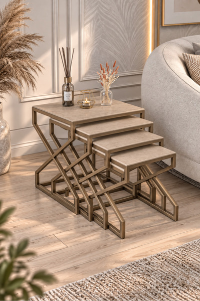 Dekoport Ela 4lü Zigon Sehpa Yan Sehpa Metal Ayak Mdf Membran Tabla