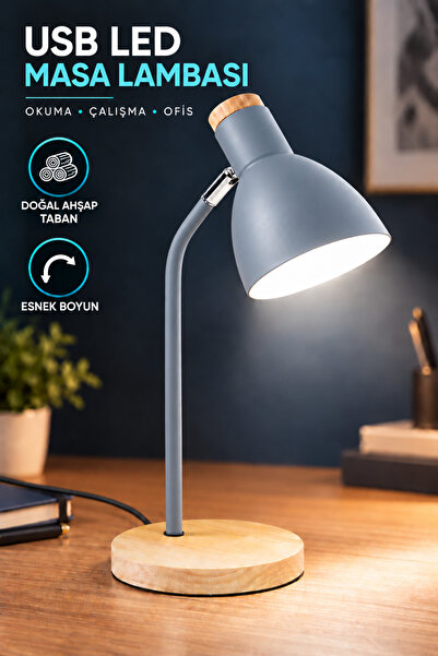 Ecuy USB LED Gri Masa Lambası Gri Ahşap Tabanlı Modern Dekoratif, Şık Esnek B...