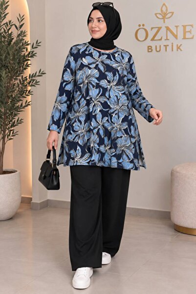 ÖZNE BUTİK Plus Size Patterned Crew Neck Combed Cotton Tunic