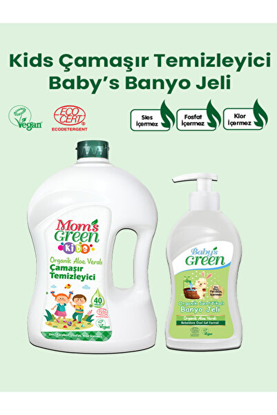 Mom's Green 2'li Set-1500 ml Kids Organik Çamaşır Deterjanı (40 Yıkama) ve Be...