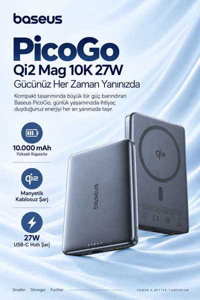 Baseus PicoGo Ultra-Slim Qi2 Gri 10000 mAh Hızlı Şarj MagSafe Powerbank