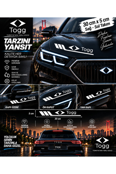 İntervex Global TOGG Uyumlu Spor Gövde Şerit Sticker Sağ Sol Yan Kapı Çamurlu...