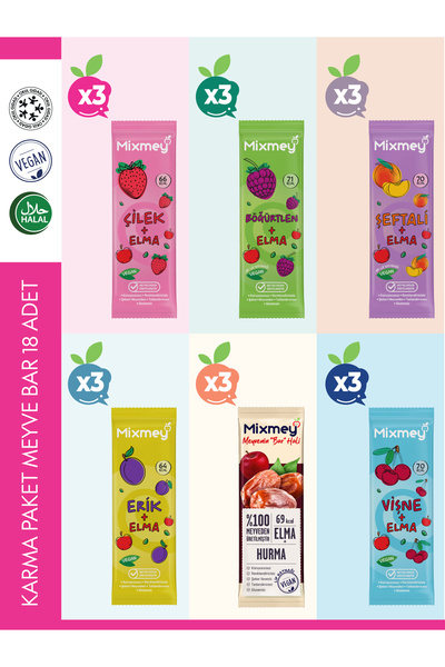 mixmey Karma 3 Meyve Bar 18 Adet | Sağlıklı Atıştırmalıklar – Vegan, Glutensi...