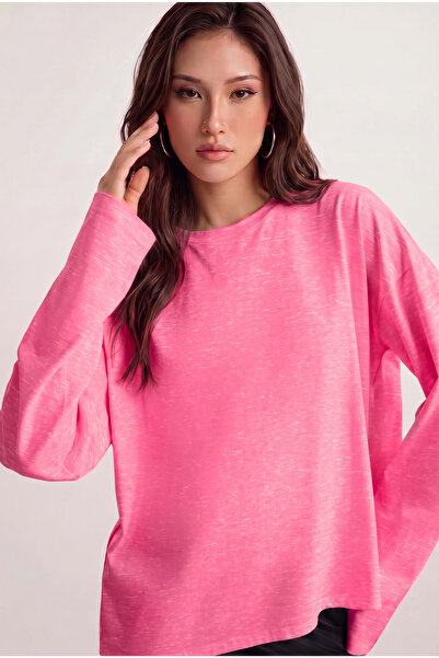 Teenage Millionaire Kadın Pembe Melanj T-shirt Geniş Kol Bisiklet Yaka Uzun K...