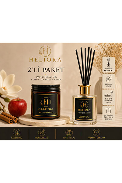 Heliora 2'li Ev Kokusu Seti Elma Tarçın Kokulu Mum 200 gr & Mystic Magnolia O...