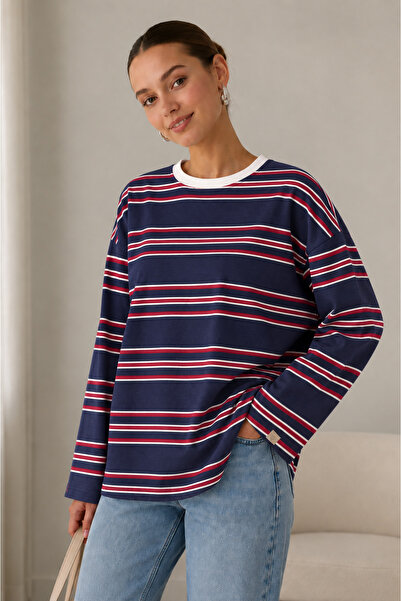 Kadın Lacivert Kırmızı Beyaz Çizgili Uzun Kollu Bisiklet Yaka Oversize sweatshirt
