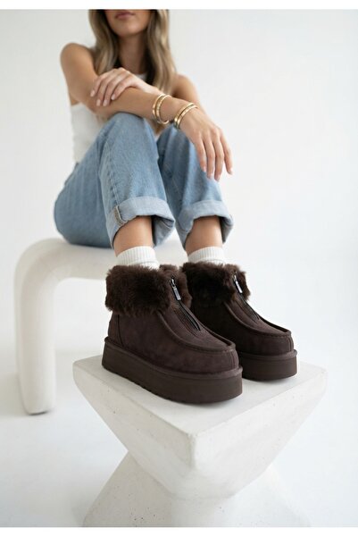 Zerenyus Zinya premium zippered premium coffee suede fur-lined boots