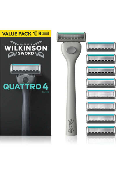 Wilkinson Sword Quattro Titanium Essential 4 Sensitive Shaver Set, 9 refills