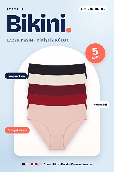Stoykis Kadın Bikini Külot 5'li Set Çok Renkli - Lazer Kesim Dikişsiz, Normal...