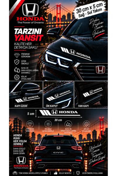 İntervex Global Honda Uyumlu Spor Gövde Şerit Sticker Sağ Sol Yan Kapı Çamurl...