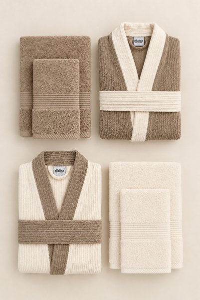 Ellaline 6 Piece Kimono Robe Set Family Set 100% Cotton Certified Contrast Striped Dowry Set - Cream Beige