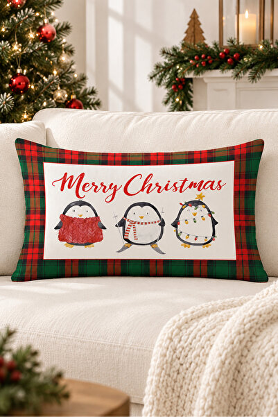 Evmila Christmas Themed Penguin Patterned Velvet Throw Pillow Case 35X55 cm -...