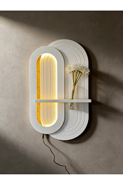Artium Design Cam Vazolu ve LED Aydınlatmalı Dekoratif MDF Duvar Rafı - Kırık...