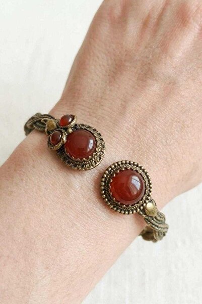 elinasaccessories Bronz Telkari Kırmızı Akik Taşlı Kelepçe Bileklik El Yapımı...