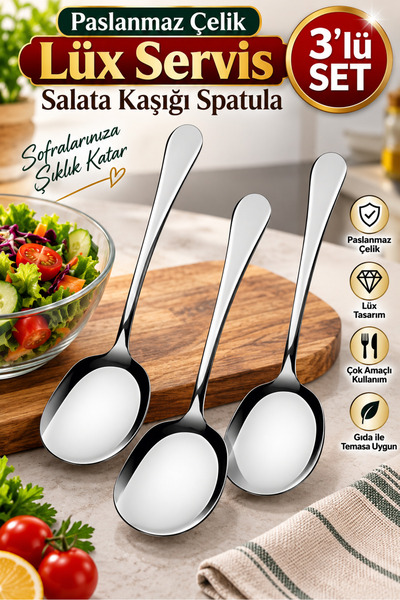 MirzaQ 3 Adet Paslanmaz Çelik Lüx Servis Salata Kaşığı Spatula | Çelik Yemek ...