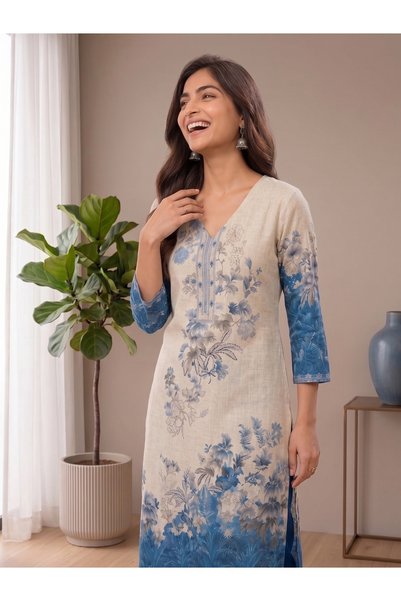 Generic Brand Women Ivory & Blue Floral Print 2-Piece Suit