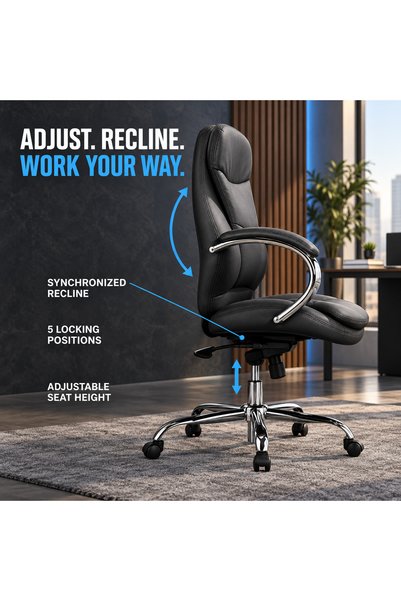 THE RED CREW Minister-M Executive Office Chair, High-Back PU Leather, High-Density Foam Seat, Fixed Chrome Armrests, 5-Position Synchronized Recline, Height Adjustable, Black, 2-Year