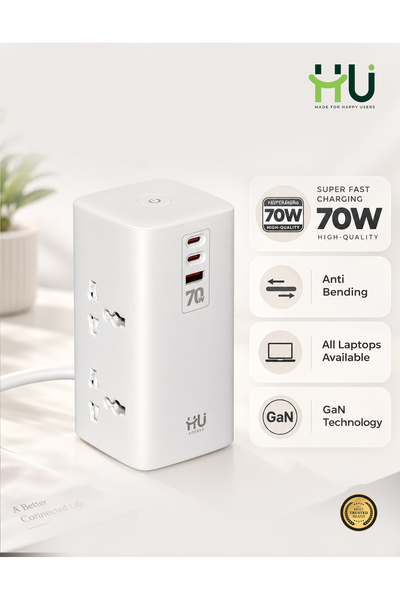 HU HAPPY USER 70W Tower Extension Power Socket with 15W Wireless Charging – 6 Outlet Power