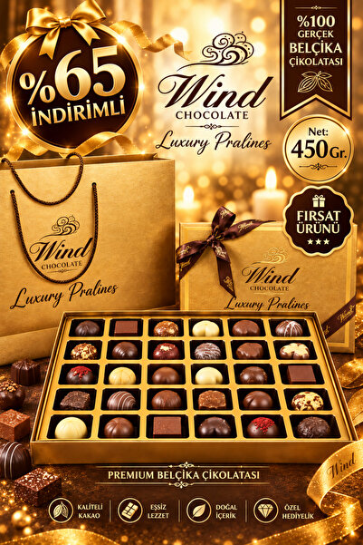 wind çikolata Premium Sipesiyal Hediyelik Belçika Çikolatası - Gold Renk Kutu...