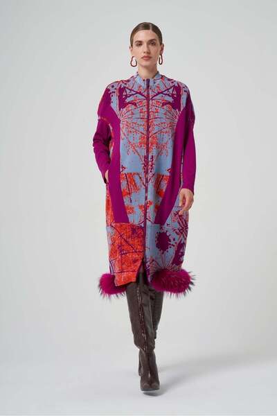 MissWhence Patterned Zippered Coat with Faux Fur Hem Detail