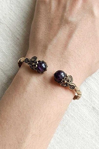 elinasaccessories Bronz Telkari Ametist Taşlı Kelepçe Bileklik El Yapımı Ayar...