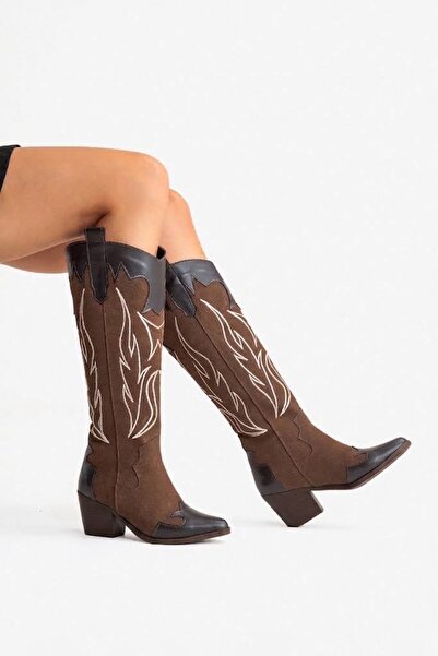 by selvi Lukka Shoes Valeria Kadın Acı Kahve Nakışlı Kovboy Western Dallas Çizme