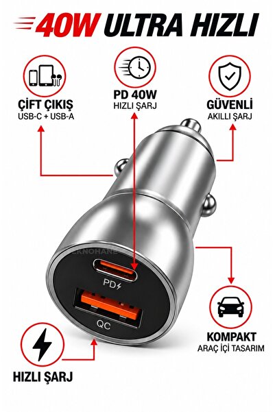 TEKNOHANE 30 Watt Type-C + USB-A Araç Şarj Aleti iPhone & Android Araç içi Şa...